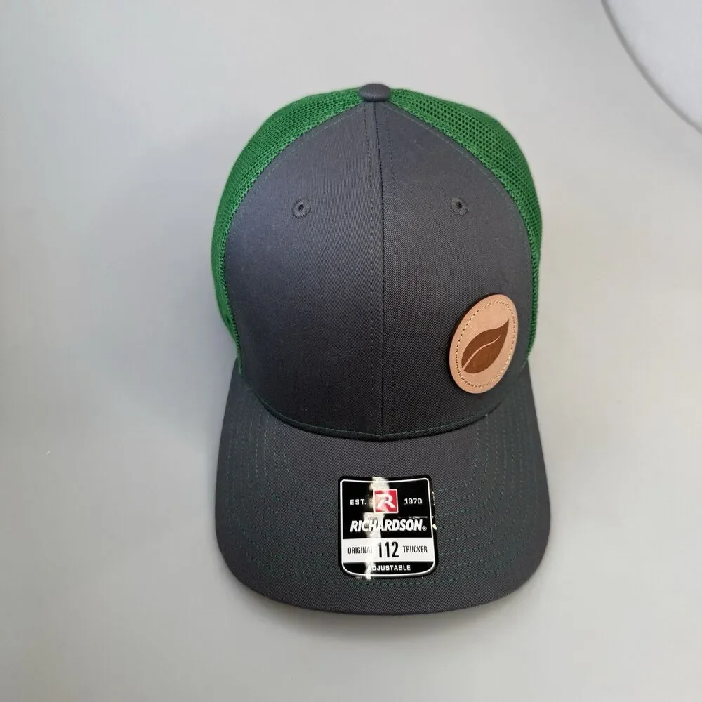 Richardson 112 Trucker Hat Leaf Logo Leather Patch Charcoal Green Snapback NEW